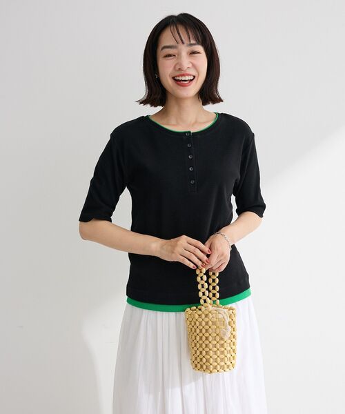 Green Parks(グリーンパークス)の「配色ヘンリーネック半袖プルオーバー(Tシャツ/カットソー・レディース・ブラック/杢グレー/オフホワイト・FREE)」の21枚目の写真