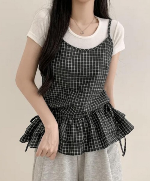Miniministore(ミニミニストア)の「チェック柄 フリルキャミソールチュニック(キャミソール・レディース・ホワイト/ブラック・FREE)」の2枚目の写真