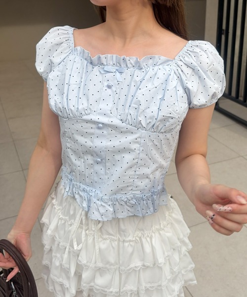 frunco(フランコ)の「【ZOZOTOWN限定】リボン付きドット柄シャーリングブラウス(シャツ/ブラウス・レディース・アイボリー/ブルー/ホワイト・FREE)」の3枚目の写真