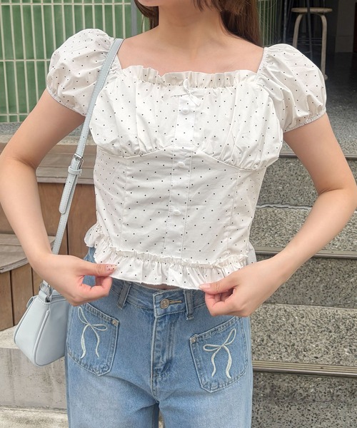 frunco(フランコ)の「【ZOZOTOWN限定】リボン付きドット柄シャーリングブラウス(シャツ/ブラウス・レディース・アイボリー/ブルー/ホワイト・FREE)」の7枚目の写真