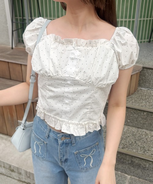 frunco(フランコ)の「【ZOZOTOWN限定】リボン付きドット柄シャーリングブラウス(シャツ/ブラウス・レディース・アイボリー/ブルー/ホワイト・FREE)」の6枚目の写真