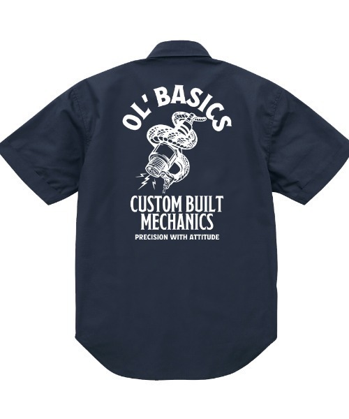 Ol' Basics(オールベーシックス)の「Ol' Basics(オール・ベーシックス) ワークシャツ メンズ レディース ユニセックス 半袖 スパークプラグ 蛇 スネーク イラスト ロゴ バックプリント カジュアルシャツ 半袖シャツ トップス ワーク ミリタリー アメカジ カジュアル(シャツ/ブラウス・メンズ・ブラック/ダークネイビー・L/XL/M)」の2枚目の写真