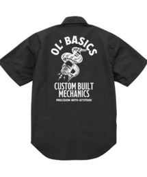 Ol' Basics(オール・ベーシックス) ワークシャツ メンズ レディース ユニセックス 半袖 スパークプラグ 蛇 スネーク イラスト ロゴ バックプリント カジュアルシャツ 半袖シャツ トップス ワーク ミリタリー アメカジ カジュアル