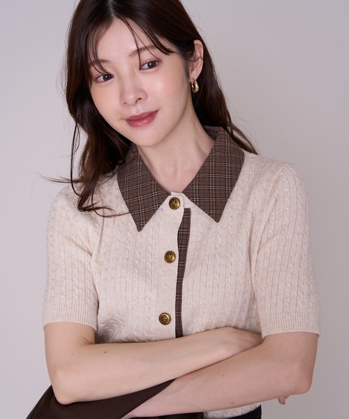 MISCH MASCH（ミッシュマッシュ）の「2026秋冬新作 チェック衿ケーブルニットカーディガン（カーディガン/ボレロ・レディース・アイボリー・ﾌﾘ-）」の12枚目の写真