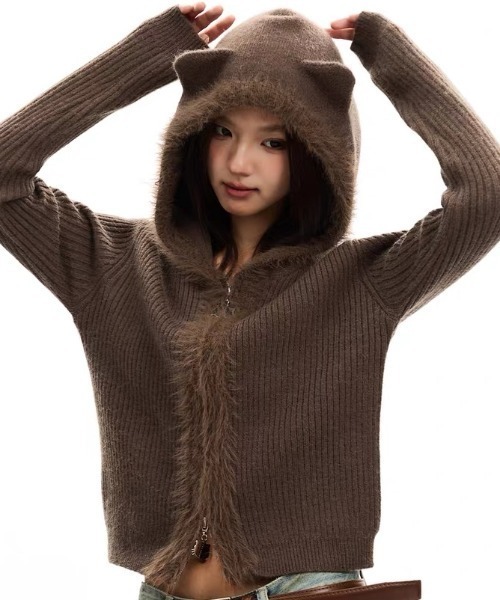 SHERU(シェル)の「猫耳シャギーリブニットファージップパーカー フーディ(パーカー・レディース・ブラック/ホワイト/ピンク/ブラウン・M)」の3枚目の写真