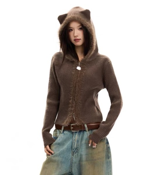 SHERU(シェル)の「猫耳シャギーリブニットファージップパーカー フーディ(パーカー・レディース・ブラック/ホワイト/ピンク/ブラウン・M)」の8枚目の写真