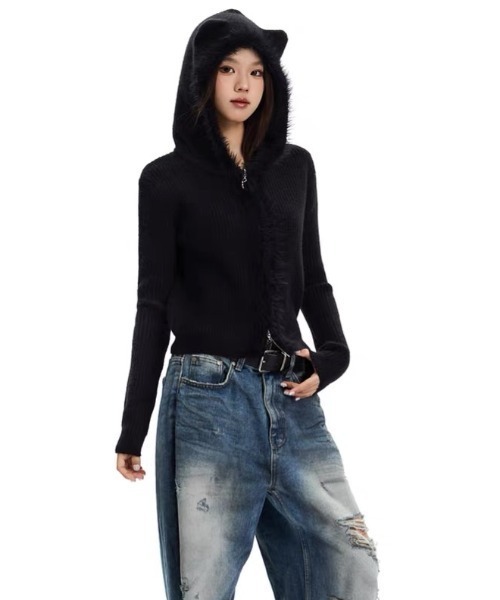 SHERU(シェル)の「猫耳シャギーリブニットファージップパーカー フーディ(パーカー・レディース・ブラック/ホワイト/ピンク/ブラウン・M)」の10枚目の写真
