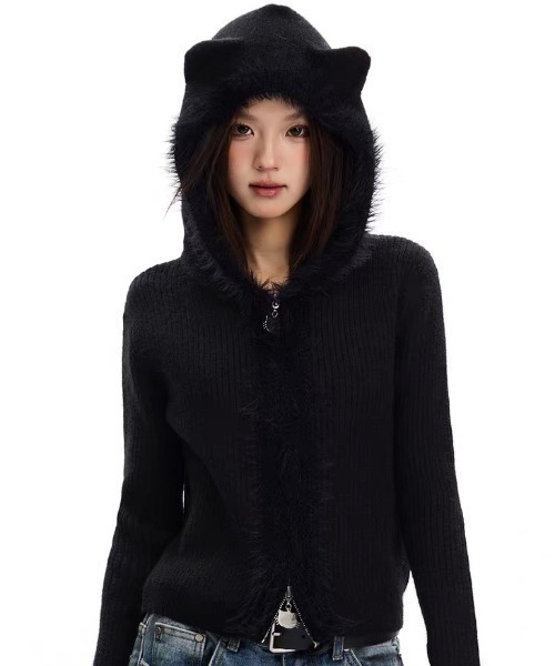 SHERU(シェル)の「猫耳シャギーリブニットファージップパーカー フーディ(パーカー・レディース・ブラック/ホワイト/ピンク/ブラウン・M)」の12枚目の写真
