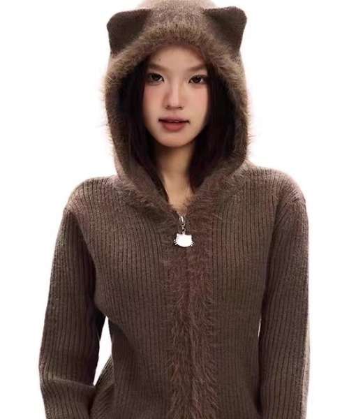 SHERU(シェル)の「猫耳シャギーリブニットファージップパーカー フーディ(パーカー・レディース・ブラック/ホワイト/ピンク/ブラウン・M)」の14枚目の写真