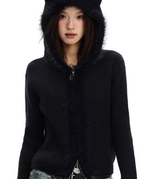 SHERU(シェル)の「猫耳シャギーリブニットファージップパーカー フーディ(パーカー・レディース・ブラック/ホワイト/ピンク/ブラウン・M)」の18枚目の写真