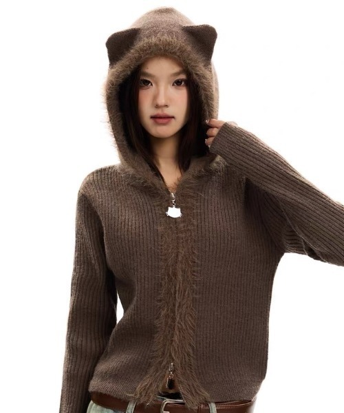 SHERU(シェル)の「猫耳シャギーリブニットファージップパーカー フーディ(パーカー・レディース・ブラック/ホワイト/ピンク/ブラウン・M)」の22枚目の写真