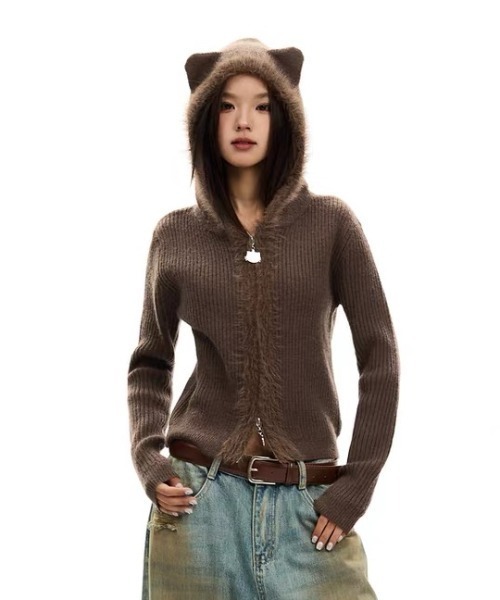 SHERU(シェル)の「猫耳シャギーリブニットファージップパーカー フーディ(パーカー・レディース・ブラック/ホワイト/ピンク/ブラウン・M)」の5枚目の写真