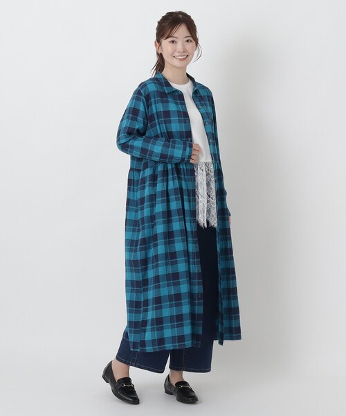 one'sterrace(ワンズテラス)の「コットンドビー チェック柄 前開きワンピース(ワンピース・レディース・ネイビー系5/キャメル/パープル系2・02)」の15枚目の写真