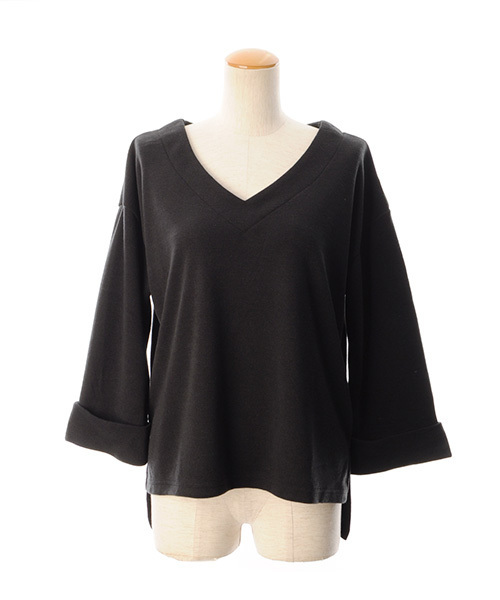 Luz Llena (philter)（ラズレナ　フィルター）の「[made in Japan]Vネック・ロールアップニットソー（Tシャツ/カットソー・レディース・ブラック/カーキ/レンガ・MEDIUM）」の5枚目の写真