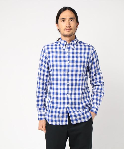 PAZZO（パッゾ）の「【PAZZO】　Japan Made　B.D.シャツ　リネン　ギンガムチェック（シャツ/ブラウス・メンズ・ボルドー/ブラック/ブルー・44/48）」の3枚目の写真