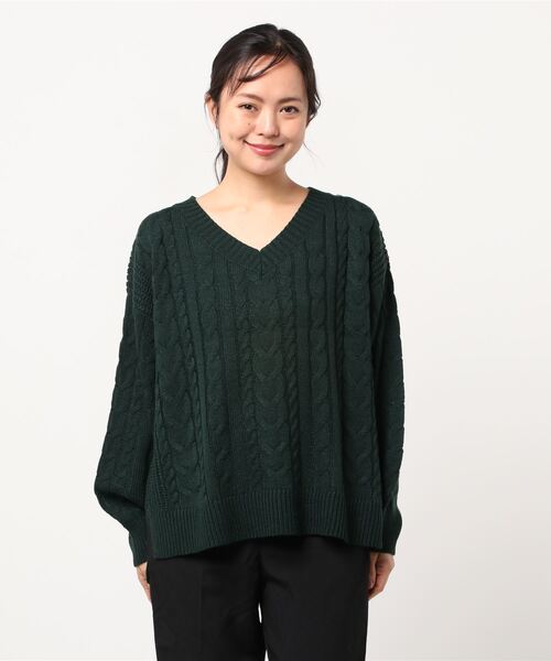 NAVY(ネイビー)の「7G Vネックケーブルプルオーバー(ニット/セーター・レディース・グリーン/ピンク/ブラウン/ベージュ・フリー)」の9枚目の写真