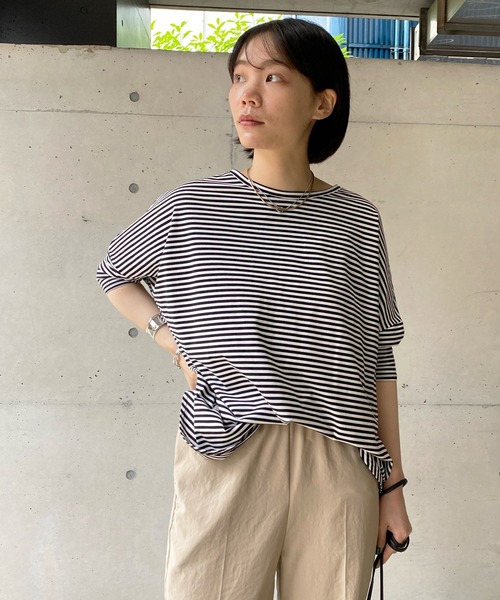 DouDou（ドゥドゥ）の「ボーダーポンチョ（Tシャツ/カットソー・レディース・ネイビー/オフホワイト・FREE）」の7枚目の写真