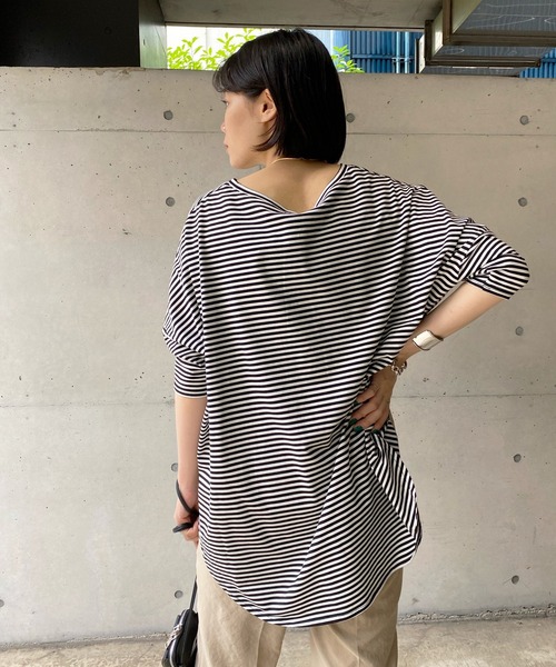 DouDou（ドゥドゥ）の「ボーダーポンチョ（Tシャツ/カットソー・レディース・ネイビー/オフホワイト・FREE）」の8枚目の写真