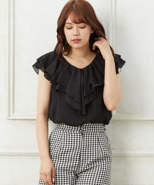 Allamanda（アラマンダ）の「フリルラッフル楊柳ノースリ／ブラウス（シャツ/ブラウス・レディース・オフホワイト/その他18/ブラック/パープル・M）」の2枚目の写真