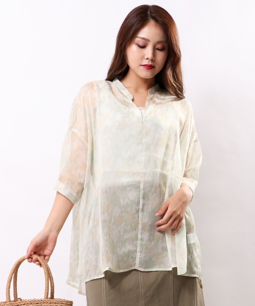 Wordtrobe(ワードトローブ)の「【wordtorobe】バンドカラーキーネックオーガンジーシアーブラウス(シャツ/ブラウス・レディース・ブルー/グリーン・FREE)」の2枚目の写真