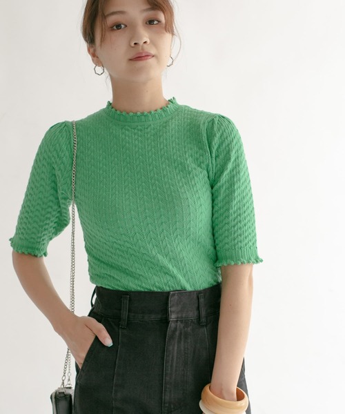 KBF（ケイビーエフ）の「柄編みコンパクトニット（ニット/セーター・レディース・ブラック/グリーン/アイボリー・ONE）」の4枚目の写真