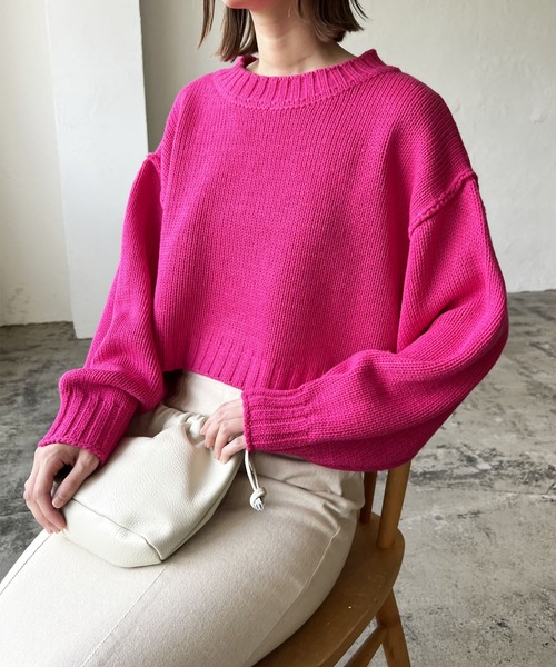 LIAN（リアン）の「クロップドカラーニット（ニット/セーター・レディース・オフホワイト/ブラック/ミックスグレー/グリーン/オレンジ/イエロー/ピンク/ブルー・FREE）」の7枚目の写真