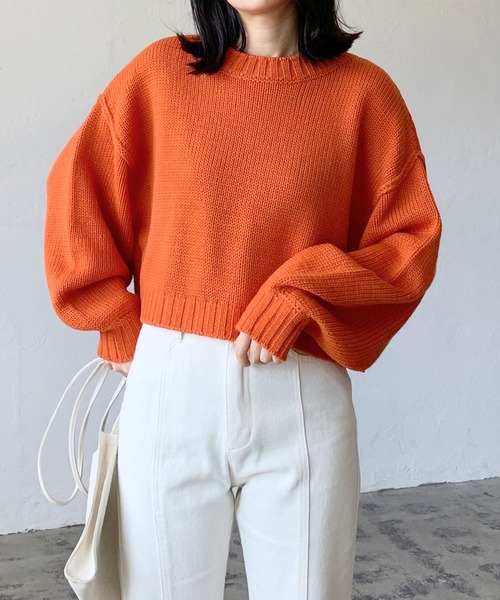 LIAN（リアン）の「クロップドカラーニット（ニット/セーター・レディース・オフホワイト/ブラック/ミックスグレー/グリーン/オレンジ/イエロー/ピンク/ブルー・FREE）」の8枚目の写真