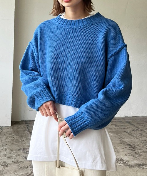 LIAN（リアン）の「クロップドカラーニット（ニット/セーター・レディース・オフホワイト/ブラック/ミックスグレー/グリーン/オレンジ/イエロー/ピンク/ブルー・FREE）」の5枚目の写真