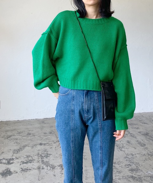 LIAN（リアン）の「クロップドカラーニット（ニット/セーター・レディース・オフホワイト/ブラック/ミックスグレー/グリーン/オレンジ/イエロー/ピンク/ブルー・FREE）」の9枚目の写真