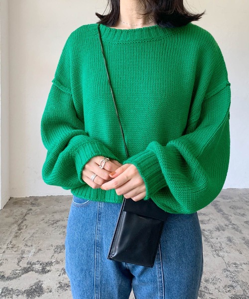 LIAN（リアン）の「クロップドカラーニット（ニット/セーター・レディース・オフホワイト/ブラック/ミックスグレー/グリーン/オレンジ/イエロー/ピンク/ブルー・FREE）」の12枚目の写真