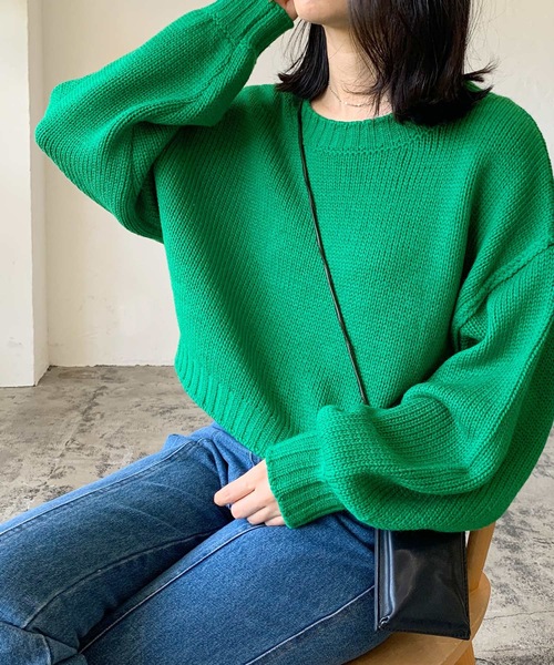 LIAN（リアン）の「クロップドカラーニット（ニット/セーター・レディース・オフホワイト/ブラック/ミックスグレー/グリーン/オレンジ/イエロー/ピンク/ブルー・FREE）」の18枚目の写真