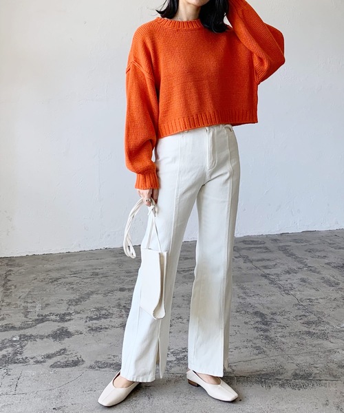 LIAN（リアン）の「クロップドカラーニット（ニット/セーター・レディース・オフホワイト/ブラック/ミックスグレー/グリーン/オレンジ/イエロー/ピンク/ブルー・FREE）」の15枚目の写真