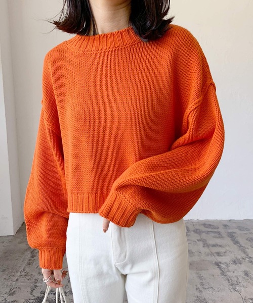 LIAN（リアン）の「クロップドカラーニット（ニット/セーター・レディース・オフホワイト/ブラック/ミックスグレー/グリーン/オレンジ/イエロー/ピンク/ブルー・FREE）」の21枚目の写真