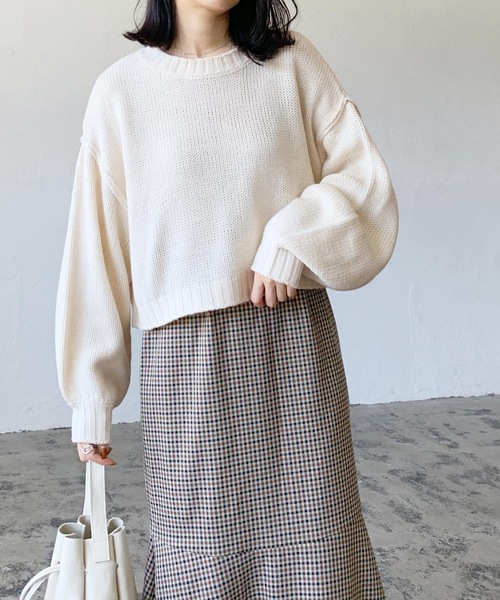 LIAN（リアン）の「クロップドカラーニット（ニット/セーター・レディース・オフホワイト/ブラック/ミックスグレー/グリーン/オレンジ/イエロー/ピンク/ブルー・FREE）」の19枚目の写真