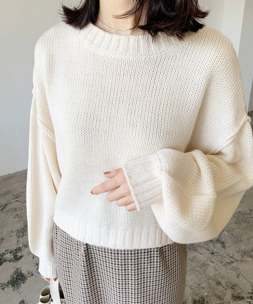 LIAN（リアン）の「クロップドカラーニット（ニット/セーター・レディース・オフホワイト/ブラック/ミックスグレー/グリーン/オレンジ/イエロー/ピンク/ブルー・FREE）」の16枚目の写真