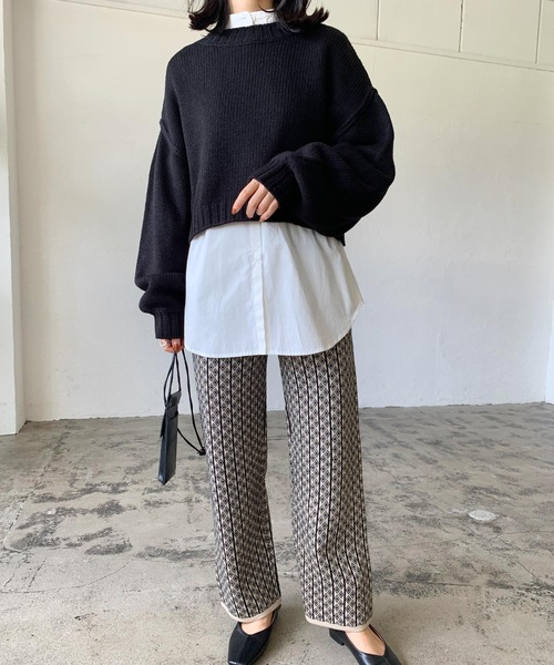 LIAN（リアン）の「クロップドカラーニット（ニット/セーター・レディース・オフホワイト/ブラック/ミックスグレー/グリーン/オレンジ/イエロー/ピンク/ブルー・FREE）」の10枚目の写真