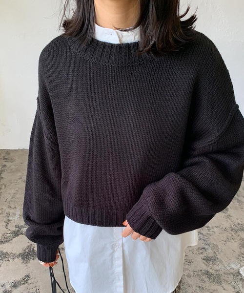 LIAN（リアン）の「クロップドカラーニット（ニット/セーター・レディース・オフホワイト/ブラック/ミックスグレー/グリーン/オレンジ/イエロー/ピンク/ブルー・FREE）」の13枚目の写真