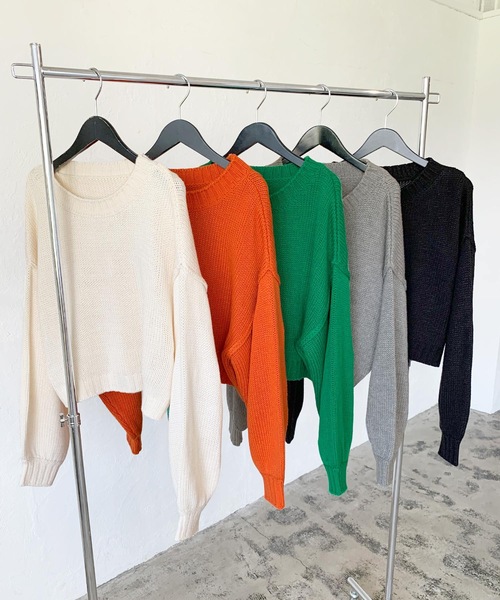 LIAN（リアン）の「クロップドカラーニット（ニット/セーター・レディース・オフホワイト/ブラック/ミックスグレー/グリーン/オレンジ/イエロー/ピンク/ブルー・FREE）」の14枚目の写真