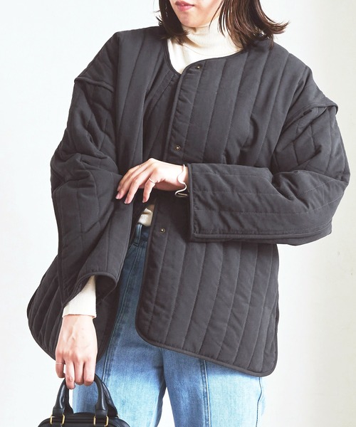 Fizz（フィズ）の「【Fizz/フィズ】　縦キルト中綿入りパイピングノーカラージャケット（ノーカラージャケット・レディース・ブラック/ベージュ/カーキ/アイボリー・M）」の9枚目の写真