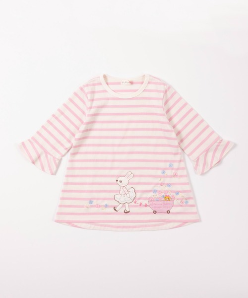 KP（ケーピー）の「【日本製】mimiちゃんアップリケ刺しゅうの7分袖ボーダーＴシャツ(100-130cm)（Tシャツ/カットソー・キッズ・パープル/ピンク・110cm/100cm/120cm/130cm）」の9枚目の写真