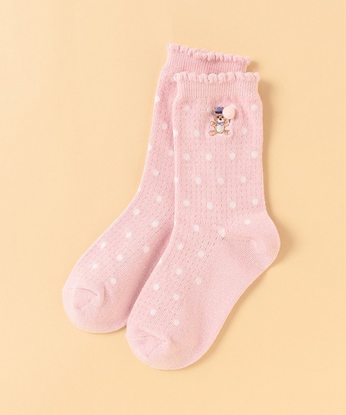 kladskap（クレードスコープ）の「クマ刺しゅうクルーソックス（ソックス/靴下・キッズ・レモンイエロー/ライトピンク・M/S/SS/L）」の2枚目の写真