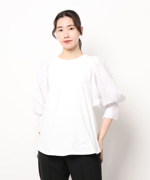 STYLEBLOCK(スタイルブロック)の「天竺×ローン袖異素材切替トップス(Tシャツ/カットソー・レディース・ホワイト/ブラック/ライトベージュ・M)」の1枚目の写真