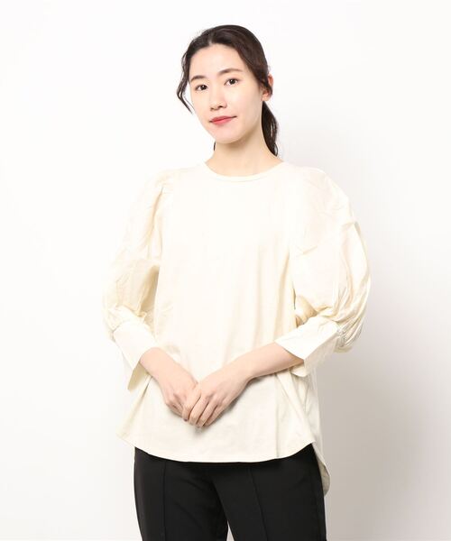 STYLEBLOCK(スタイルブロック)の「天竺×ローン袖異素材切替トップス(Tシャツ/カットソー・レディース・ホワイト/ブラック/ライトベージュ・M)」の3枚目の写真