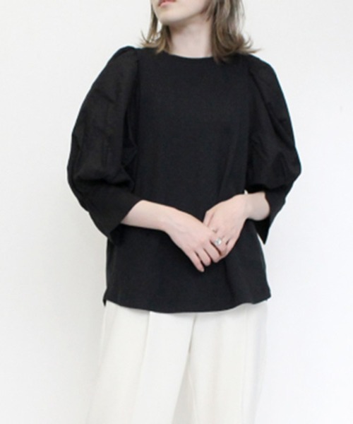 STYLEBLOCK(スタイルブロック)の「天竺×ローン袖異素材切替トップス(Tシャツ/カットソー・レディース・ホワイト/ブラック/ライトベージュ・M)」の2枚目の写真
