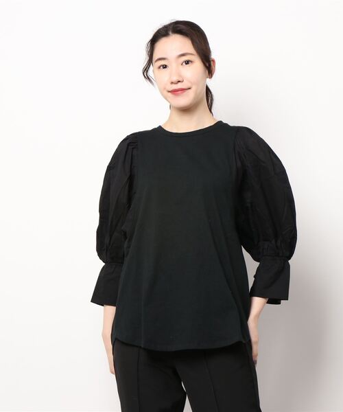 STYLEBLOCK(スタイルブロック)の「天竺×ローン袖異素材切替トップス(Tシャツ/カットソー・レディース・ホワイト/ブラック/ライトベージュ・M)」の4枚目の写真