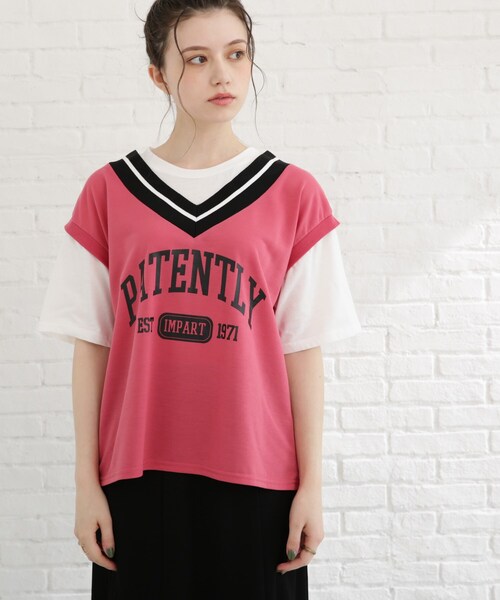 Cutie Blonde（キューティーブロンド）の「◆【S-L】Vネックフェイクレイヤードプルオーバー（Tシャツ/カットソー・レディース・ブラック/サンドベージュ/ピンク系・01/02/03）」の4枚目の写真