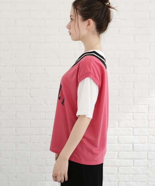 Cutie Blonde（キューティーブロンド）の「◆【S-L】Vネックフェイクレイヤードプルオーバー（Tシャツ/カットソー・レディース・ブラック/サンドベージュ/ピンク系・01/02/03）」の5枚目の写真