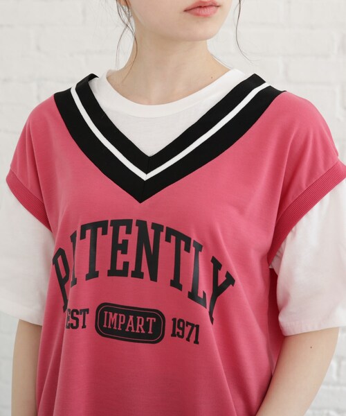 Cutie Blonde（キューティーブロンド）の「◆【S-L】Vネックフェイクレイヤードプルオーバー（Tシャツ/カットソー・レディース・ブラック/サンドベージュ/ピンク系・01/02/03）」の7枚目の写真