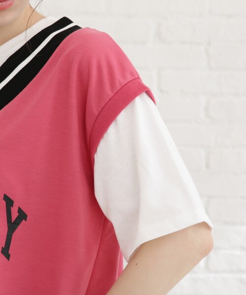 Cutie Blonde（キューティーブロンド）の「◆【S-L】Vネックフェイクレイヤードプルオーバー（Tシャツ/カットソー・レディース・ブラック/サンドベージュ/ピンク系・01/02/03）」の9枚目の写真