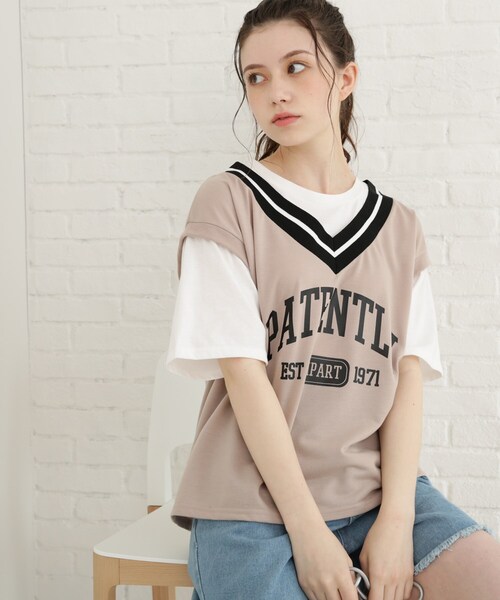 Cutie Blonde（キューティーブロンド）の「◆【S-L】Vネックフェイクレイヤードプルオーバー（Tシャツ/カットソー・レディース・ブラック/サンドベージュ/ピンク系・01/02/03）」の19枚目の写真